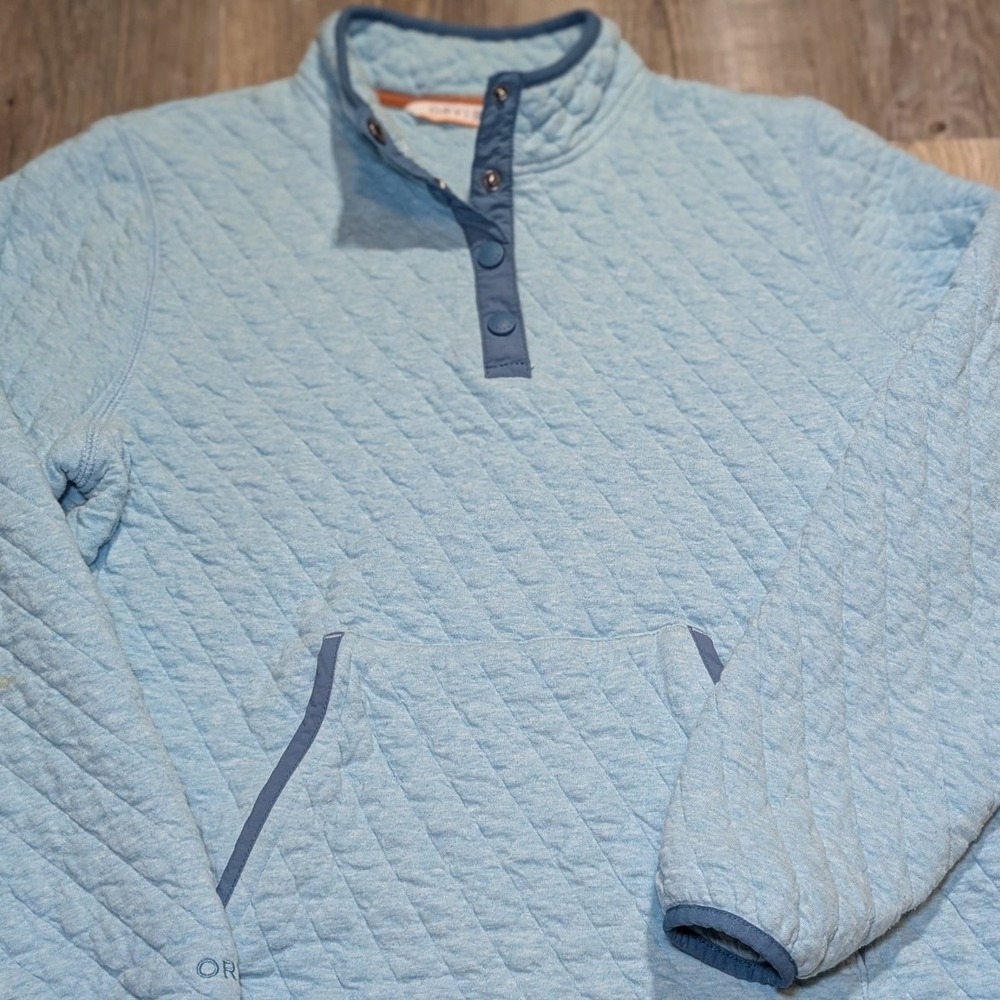 Orvis Aqua Blue 1/4 Zip Pullover Women's Knit Top L‎ Aztec Print Trim Rib Cotton